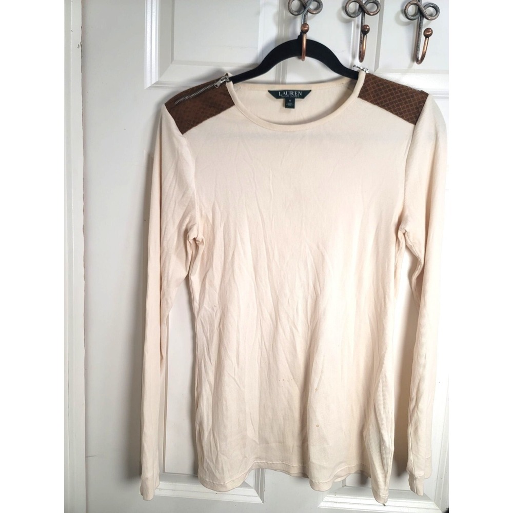 Lauren Ralph Lauren Beige Long Sleeve Top With Brown Shoulder Accents & Zipper D